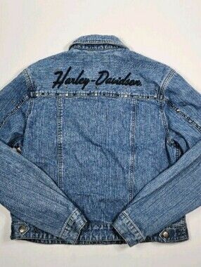 Women's Harley Davidson Denim Jacket Studs Embroidered Sz L EUC